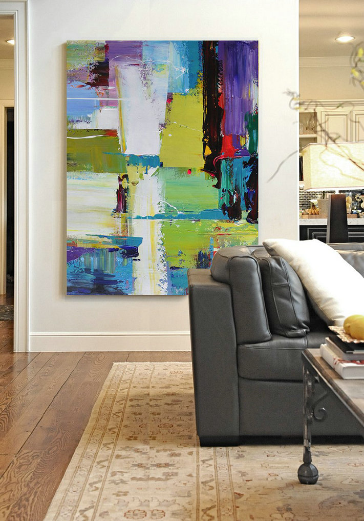 Extra Large Acrylic Painting On Canvas,Vertical Palette Knife Contemporary Art,Extra Large Artwork,Purple,Yellow,Grass Green,Black,Red.etc